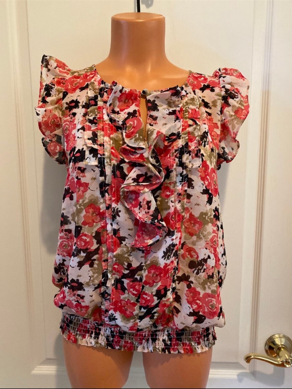 EXPRESS Blouson Blouse Top Floral Pink Brown Tan Ivory XS EUC